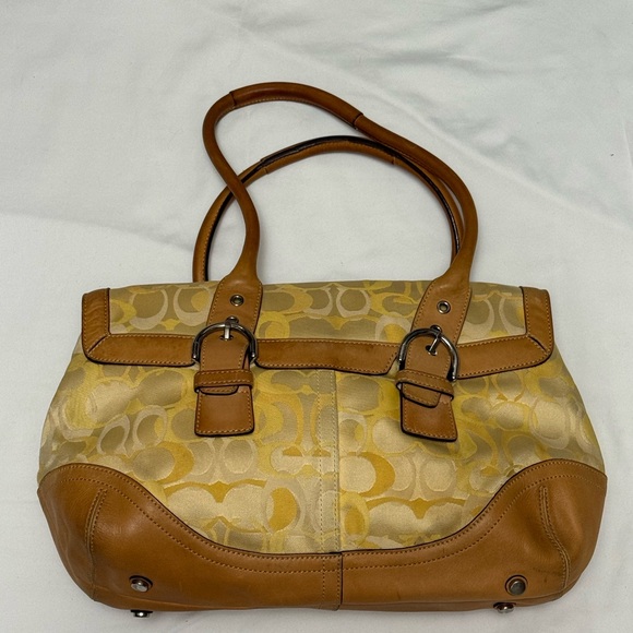 Coach Optic Signature Flap Satchel in Tan and Yellow Women\'s Bag